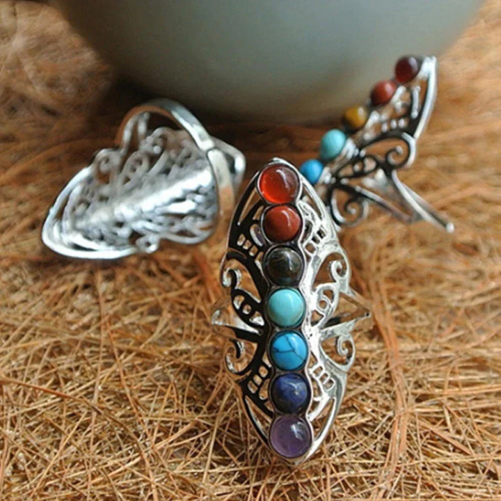 Gümüş Doğal Taşlı Ayarlanabilir Boho Yüzük